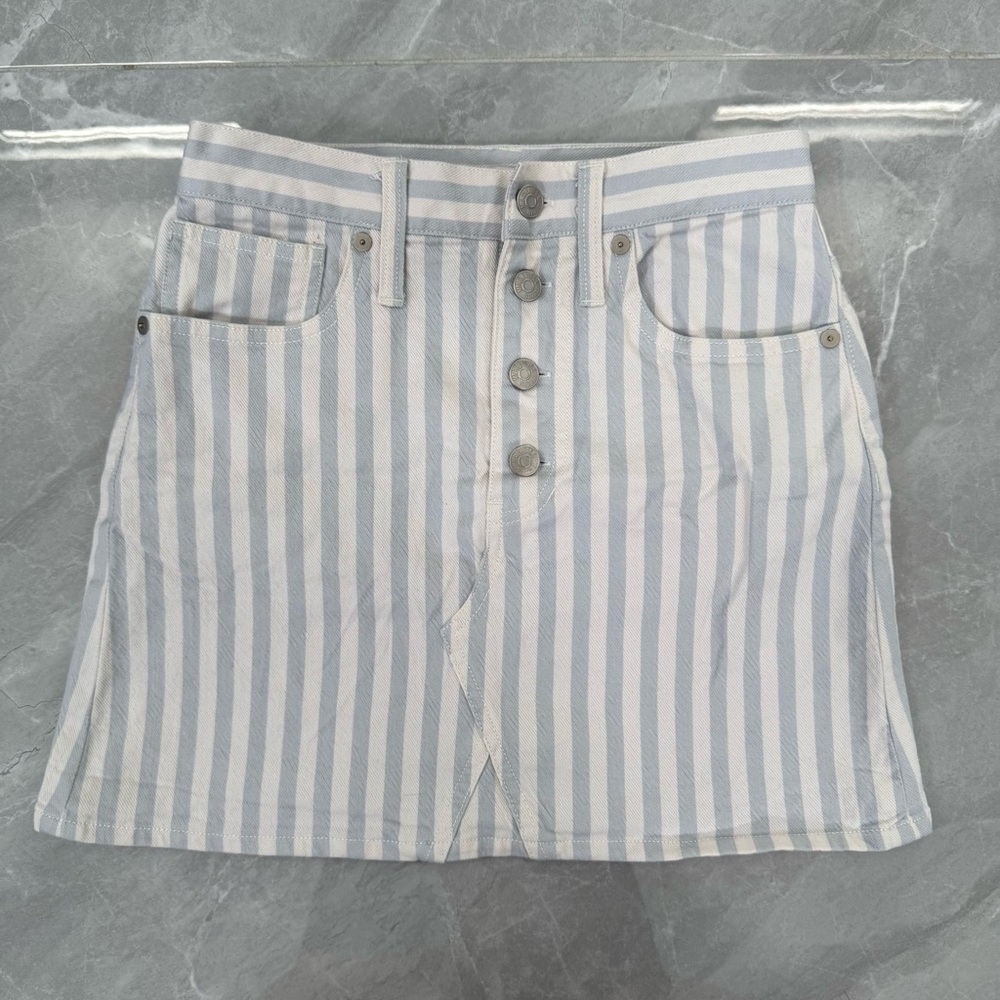 Women’s Madewell Stretch A-Line Mini Skirt Pompano Stripe Button Front Size 24 - Picture 2 of 16